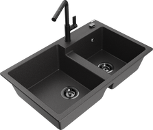 Mexen Tomas chiuvetă de bucătărie din granit cu 2 compartimente și baterie Flora, negru pătat - 6516-76-670401-70-B