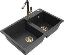 Mexen Tomas chiuvetă granit 2-camere cu baterie de bucătărie Flora, negru pătat - 6516-76-670401-75-G