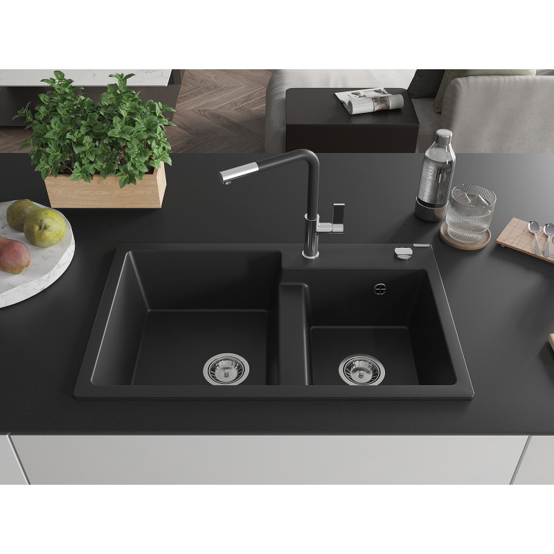 Mexen Tomas chiuvetă de bucătărie din granit cu 2 compartimente și baterie Flora, negru - 6516-77-670401-07