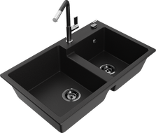 Mexen Tomas gránit mosogató 2 kamrás konyhai csappal Flora, fekete - 6516-77-670401-07-B