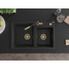 Mexen Tomas Albă Chiuvetă de granit cu 2 compartimente și baterie de bucătărie Flora, Neagră - 6516-77-670401-57-G