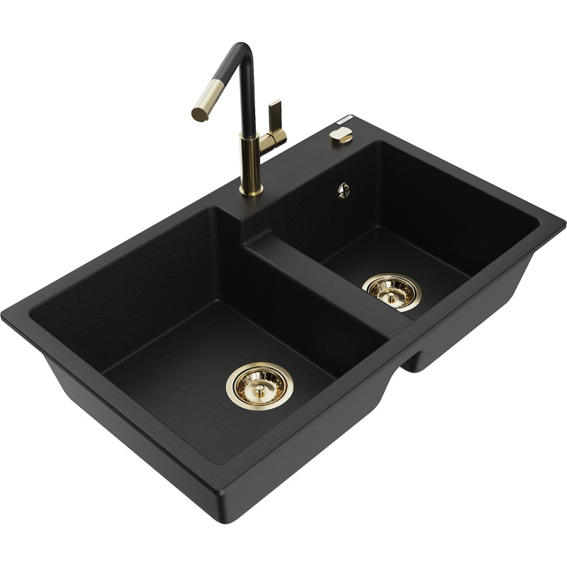 Mexen Tomas chiuvetă granit 2 camere cu baterie bucătărie Flora, negru - 6516-77-670401-57-G