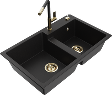 Mexen Tomas 2 rekeszes gránit mosogató Flora konyhai csapteleppel, fekete - 6516-77-670401-57-G