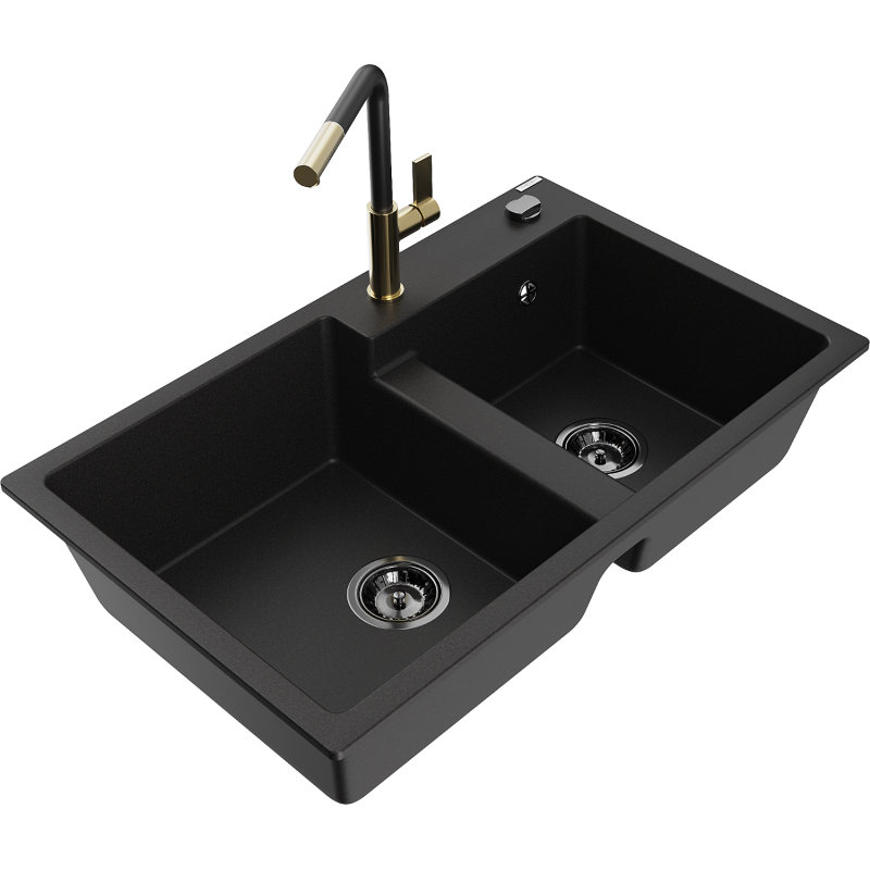Mexen Tomas gránit konyhai mosogató 2 rekeszes konyhai csapteleppel Flora, fekete - 6516-77-670401-57-B