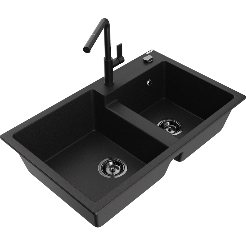 Mexen Tomas 2 rekeszes gránit mosogató Flora konyhai csapteleppel, fekete - 6516-77-670401-70-B