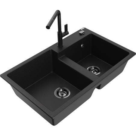 Mexen Tomas 2 rekeszes gránit mosogató Flora konyhai csapteleppel, fekete - 6516-77-670401-70-B