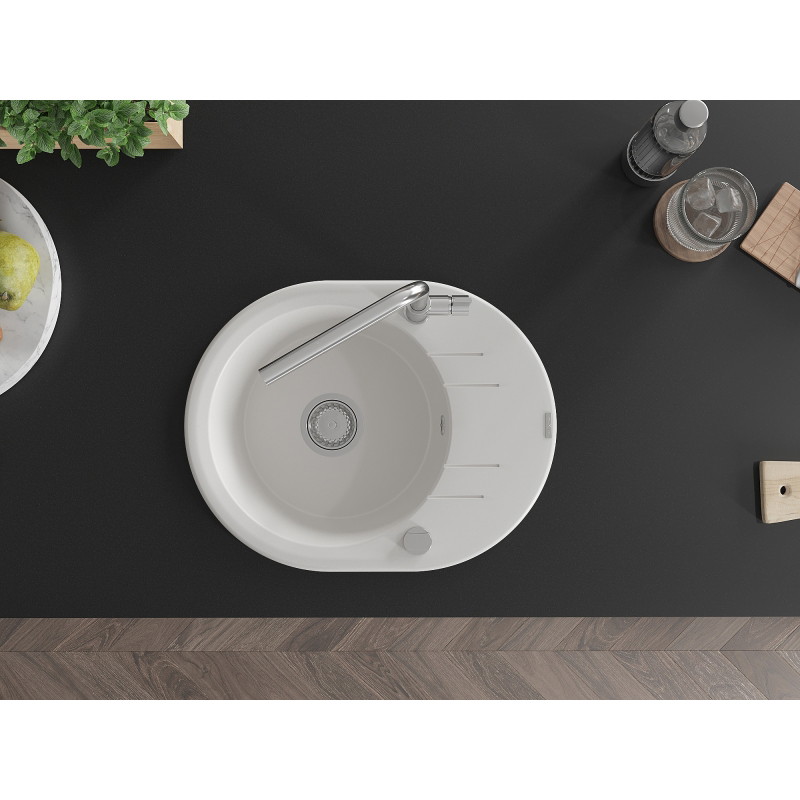 Mexen Kevin egytálcás gránit mosogató csepegtetővel és Flora konyhai csapteleppel, fehér - 6517-20-670401-00