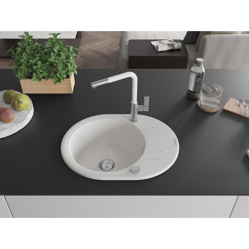 Mexen Kevin chiuvetă de granit cu o singură cuvă, cu scurgător și baterie de bucătărie Flora, albă - 6517-20-670401-02