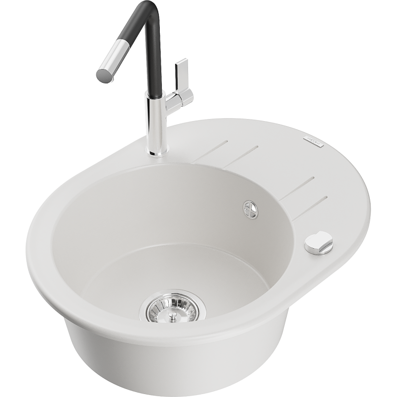 Mexen Kevin chiuvetă de bucătărie din granit cu 1 cuvă și picurător și baterie Flora, albă - 6517-20-670401-07