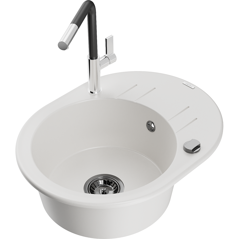 Mexen Kevin gránit mosogató 1-medencés csepegtetővel és Flora konyhai csappal, fehér - 6517-20-670401-07-B