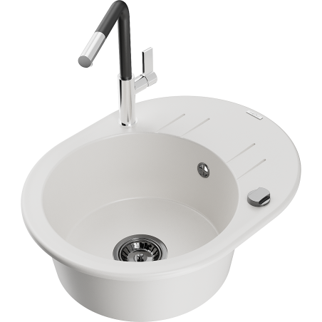 Mexen Kevin gránit mosogató 1-medencés csepegtetővel és Flora konyhai csappal, fehér - 6517-20-670401-07-B