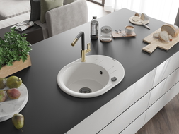 Mexen Kevin chiuvetă din granit cu 1 bazin cu scurgător și baterie de bucătărie Flora, alb - 6517-20-670401-57-B