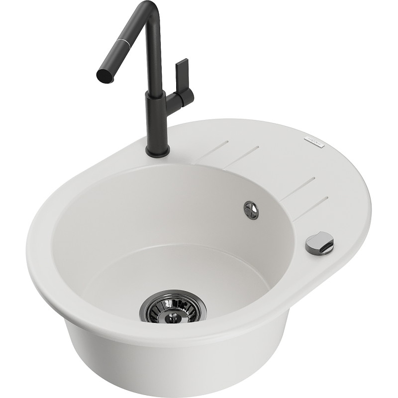 Mexen Kevin chiuvetă de granit cu o cuvă și scurgător cu baterie de bucătărie Flora, albă - 6517-20-670401-70-B