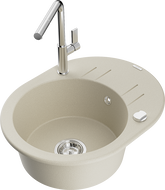 Mexen Kevin chiuvetă de bucătărie din granit cu 1 compartiment cu scurgător și baterie Flora, bej - 6517-69-670401-00