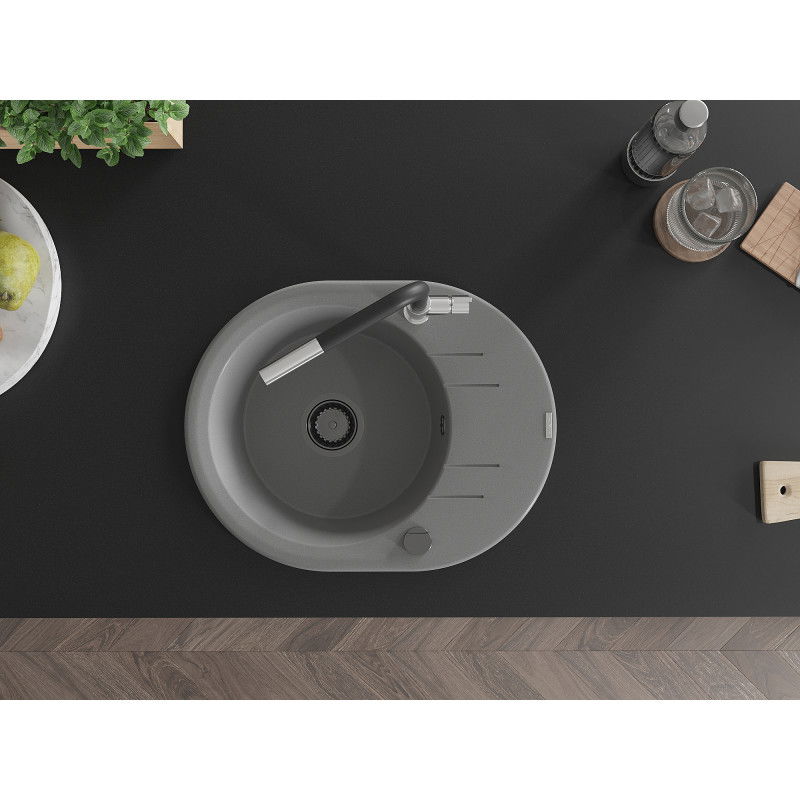 Mexen Kevin 1-medencés gránit mosogató lefolyóval és Flora konyhai csapteleppel, szürke - 6517-71-670401-07-B