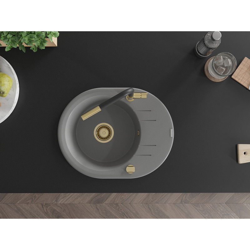 Mexen Kevin chiuvetă de granit cu 1 compartiment cu scurgător și baterie de bucătărie Flora, gri - 6517-71-670401-57-G