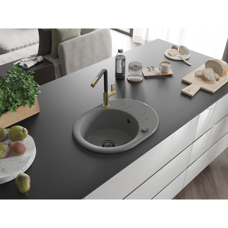 Mexen Kevin chiuvetă de bucătărie din granit cu 1 cuvă și picurător și baterie de bucătărie Flora, gri - 6517-71-670401-57-B