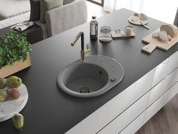 Mexen Kevin chiuvetă de granit cu 1 compartiment, cu scurgător și baterie de bucătărie Flora, gri - 6517-71-670401-57-B