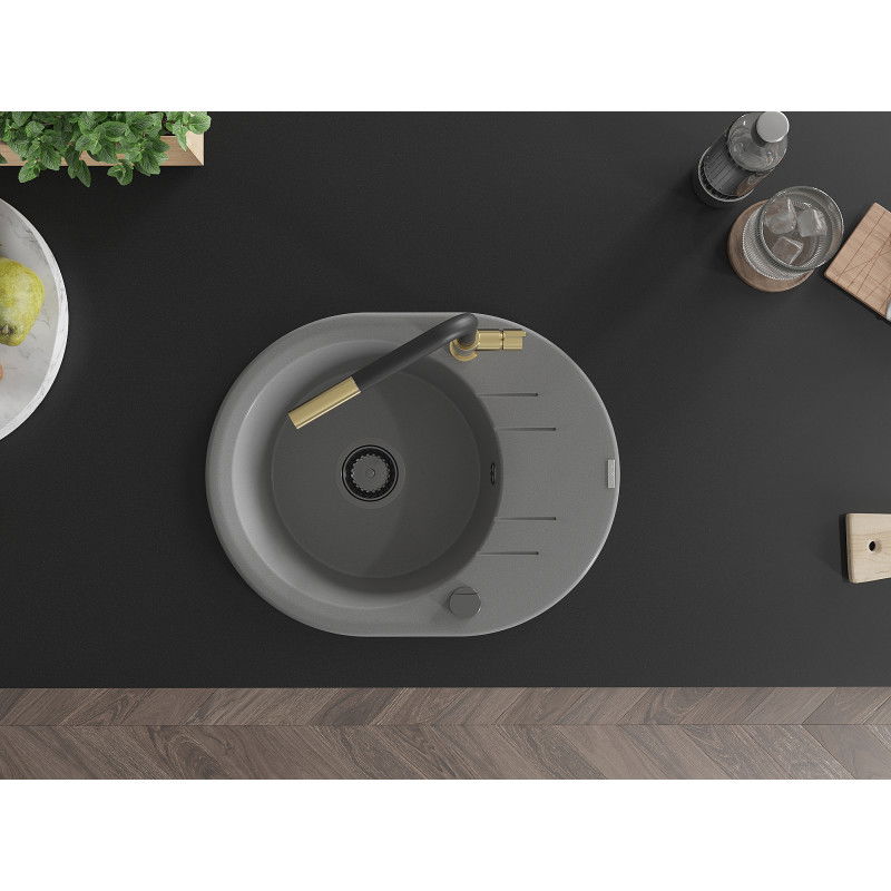 Mexen Kevin 1-medencés, csepegtetős gránit mosogató Flora konyhai csapteleppel, szürke - 6517-71-670401-57-B