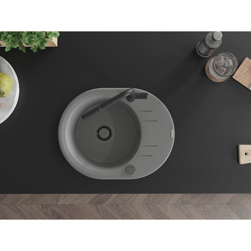 Mexen Kevin chiuvetă de granit cu o cuvă cu scurgător și baterie de bucătărie Flora, gri - 6517-71-670401-70-B