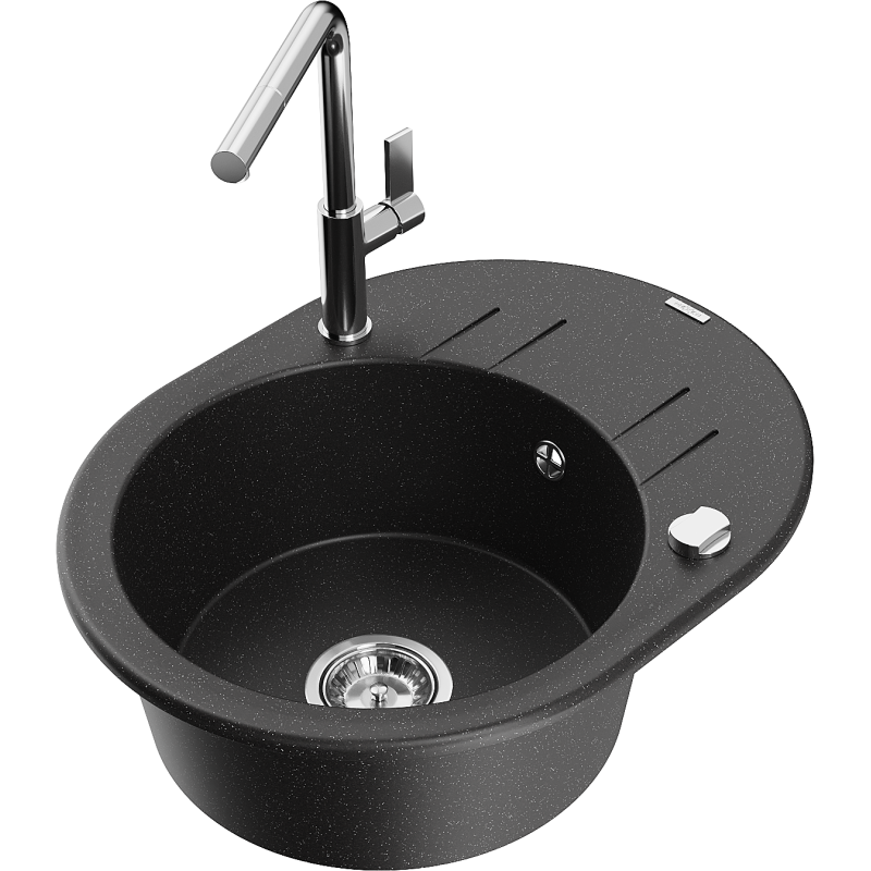 Mexen Kevin chiuvetă de granit cu 1 compartiment cu scurgător și baterie de bucătărie Flora, negru/argintiu metalizat