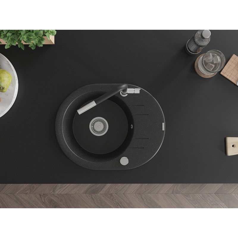 Mexen Kevin chiuvetă de granit cu 1 compartiment cu scurgător și baterie de bucătărie Flora, negru/argintiu metalic