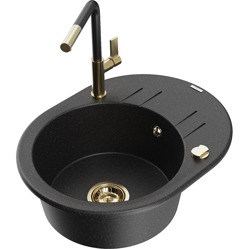 Mexen Kevin chiuvetă de granit cu 1 compartiment cu scurgător și baterie de bucătărie Flora, negru/argintiu metalic