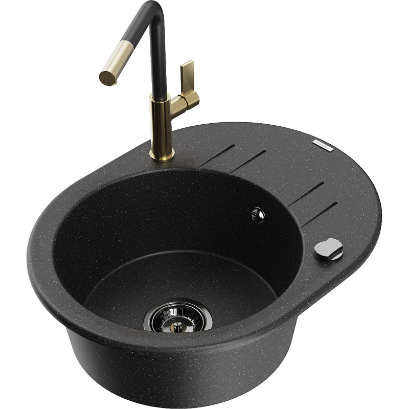 Mexen Kevin chiuvetă de granit cu 1 compartiment cu scurgător și baterie de bucătărie Flora, negru/argintiu metalic