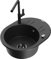 Chiuvetă granit Mexen Kevin 1-cameră cu scurgător și baterie bucătărie Flora, negru/argintiu metalic - 6517-73-670401-70-B