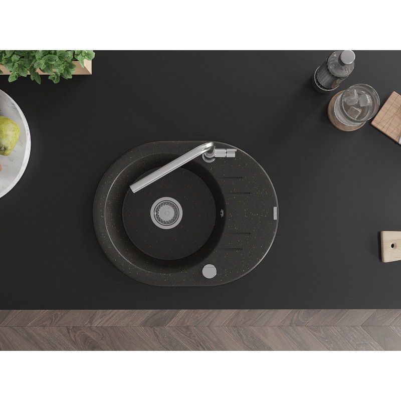 Mexen Kevin egymedencés gránit mosogató csepegtetővel és Flora konyhai csappal, fekete/arany metál - 6517-75-670401-00