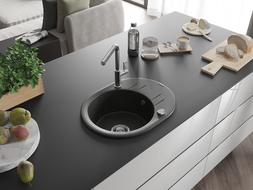 Mexen Kevin chiuvetă de granit cu 1 cameră și scurgător și robinet de bucătărie Flora, negru/auriu metalic - 6517-75-670401-00