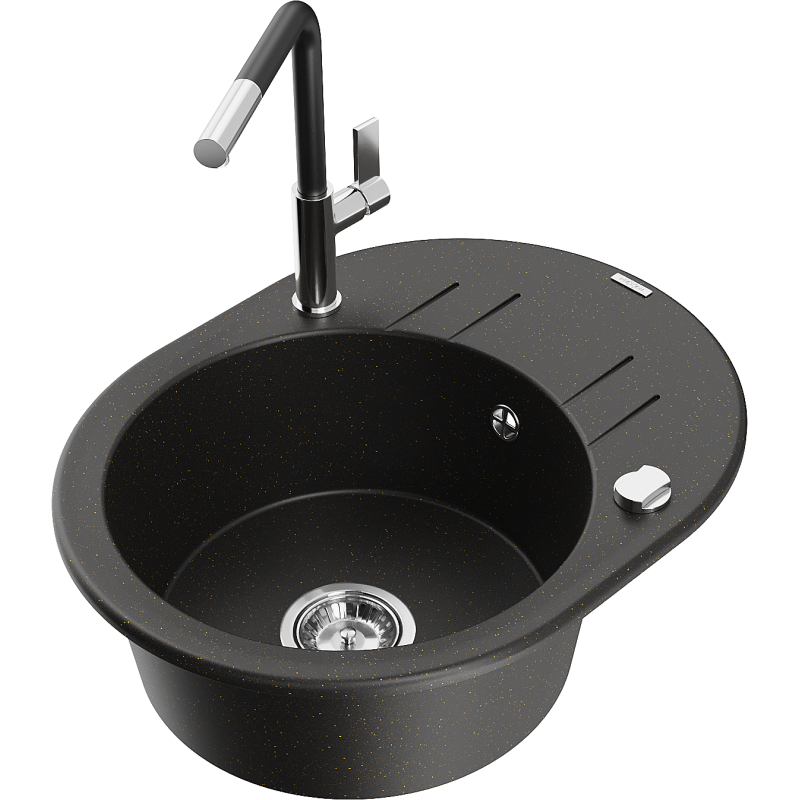 Mexen Kevin chiuvetă de granit cu 1 compartiment cu picurător și baterie de bucătărie Flora, negru/auriu metalic