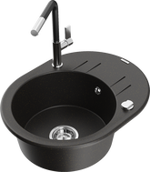 Mexen Kevin gránit mosogatóegység egymedencés csepegtetővel és Flora konyhai csapteleppel, fekete/arany metál