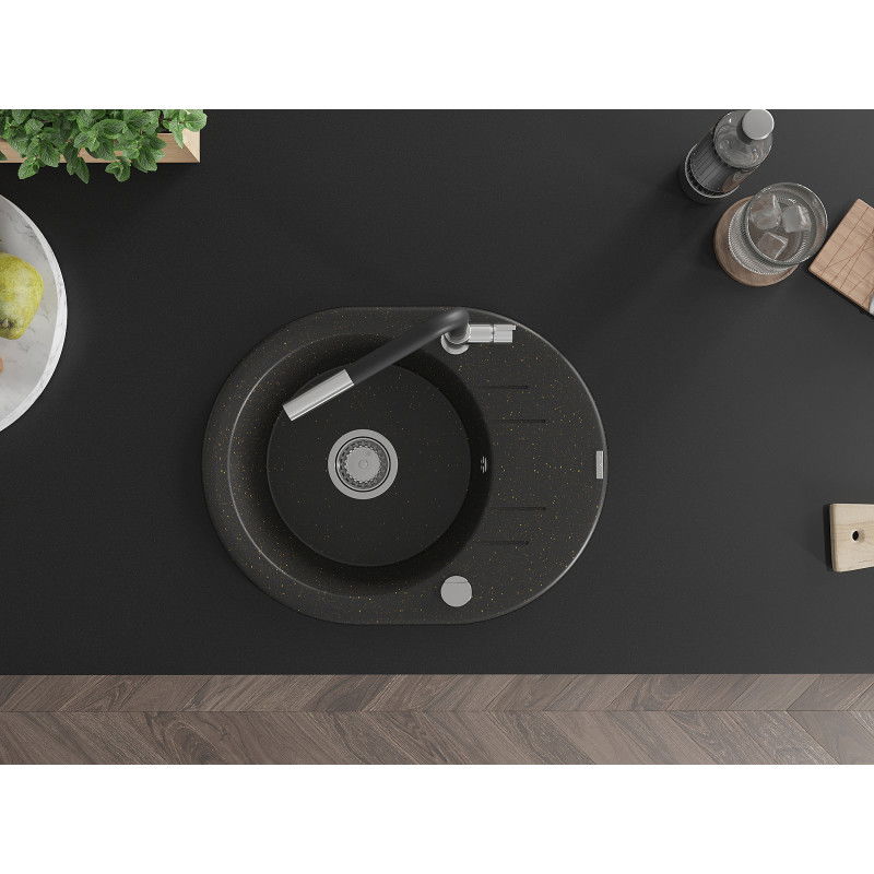 Mexen Kevin gránit mosogató 1-medencés csepegtetővel és Flora konyhai csapteleppel, fekete/arany metál - 6517-75-670401-07