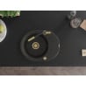 Mexen Kevin chiuvetă din granit cu 1 cuvă, cu scurgător și baterie de bucătărie Flora, negru/auriu metalic