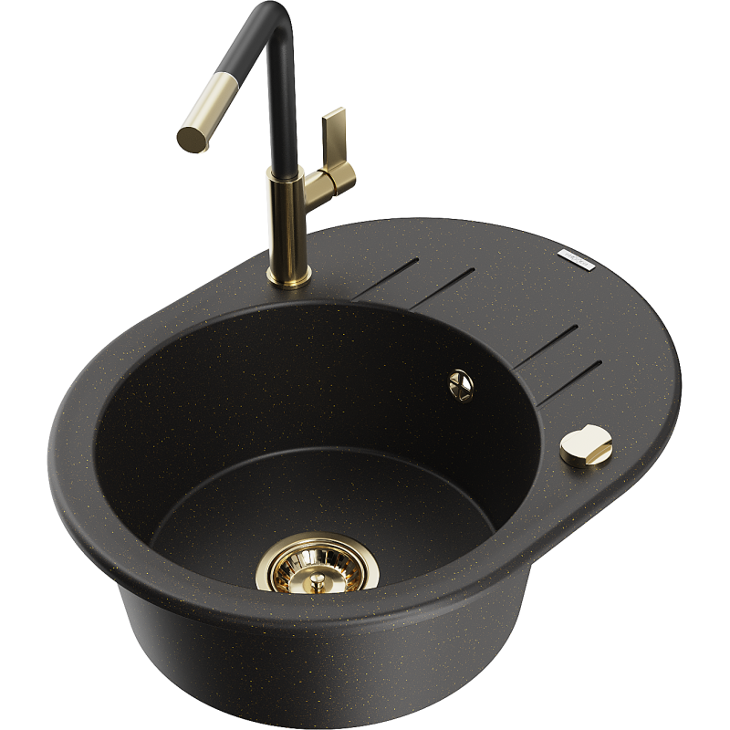 Mexen Kevin chiuvetă din granit cu 1 cuvă, cu scurgător și baterie de bucătărie Flora, negru/auriu metalic