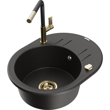 Mexen Kevin chiuvetă din granit cu 1 cuvă, cu scurgător și baterie de bucătărie Flora, negru/auriu metalic