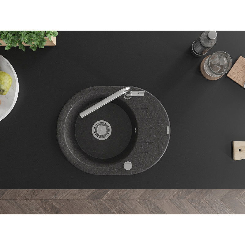 Mexen Kevin gránit mosogató 1-medencés lefolyóval és Flora konyhai csaptelep, fekete pöttyös - 6517-76-670401-00