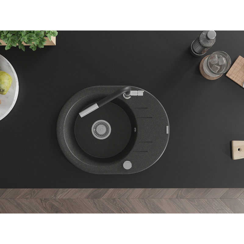 Mexen Kevin chiuvetă de granit cu 1 cameră, cu suport de scurgere și baterie de bucătărie Flora, negru pătat