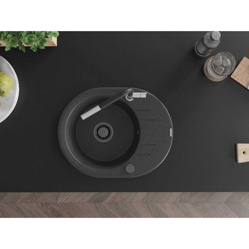 Mexen Kevin gránit egytálcás mosogató lefolyóval és Flora konyhai csappal, fekete pöttyös - 6517-76-670401-07-B