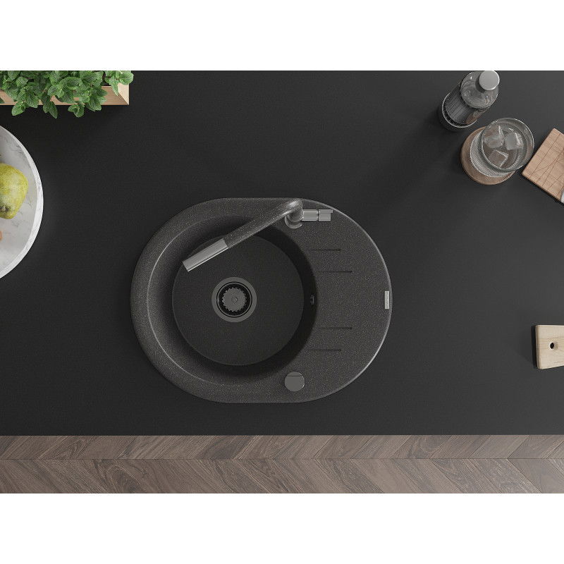 Mexen Kevin chiuvetă de granit cu 1 compartiment, cu scurgător și baterie de bucătărie Flora, negru cu pete