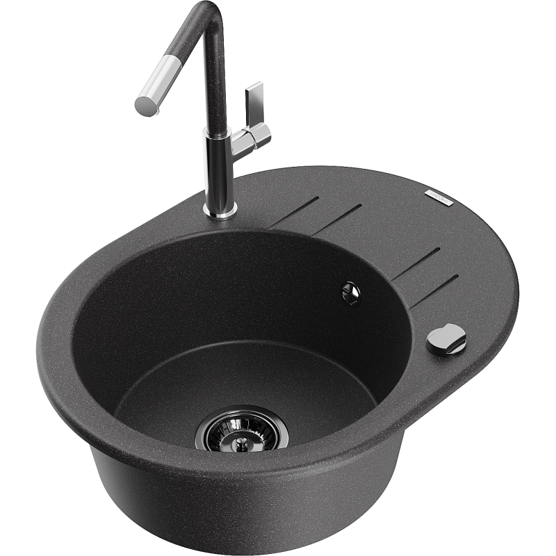 Mexen Kevin chiuvetă de granit cu 1 compartiment, cu scurgător și baterie de bucătărie Flora, negru cu pete