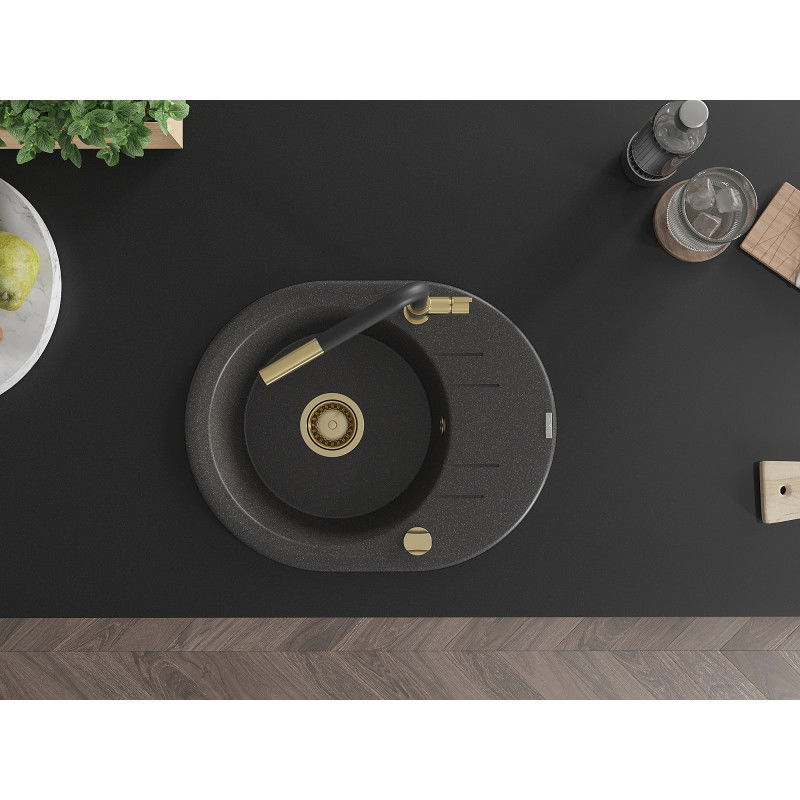 Mexen Kevin 1 rekeszes gránit mosogató csepegtetővel és Flora konyhai csapteleppel, fekete pöttyös - 6517-76-670401-57-G