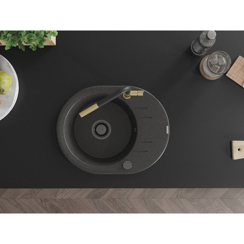 Mexen Kevin chiuvetă de granit cu 1 cuvă cu scurgător și baterie de bucătărie Flora, negru pătat - 6517-76-670401-57-B