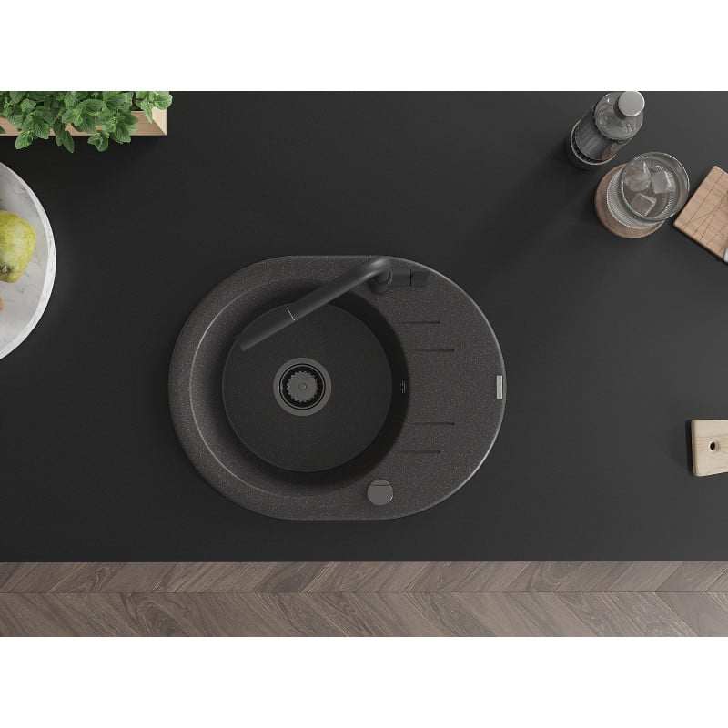 Mexen Kevin chiuvetă din granit cu 1 compartiment cu scurgător și robinet de bucătărie Flora, negru pătat