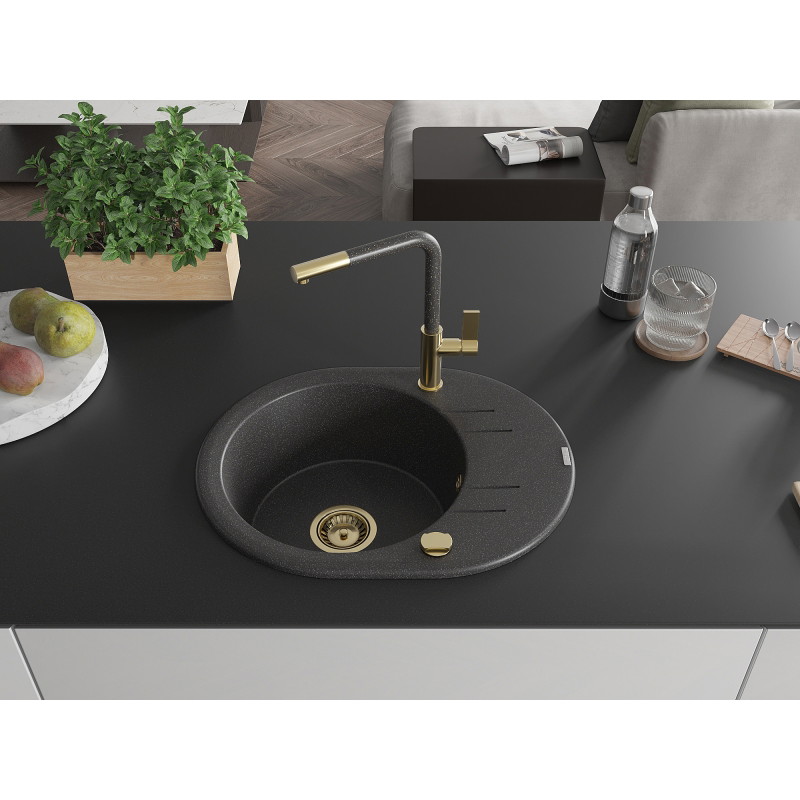 Mexen Kevin chiuvetă de granit cu 1 cuvă și picurător și baterie de bucătărie Flora, negru cu pete - 6517-76-670401-75-G