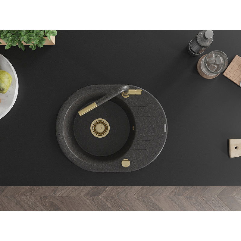 Mexen Kevin chiuvetă de granit cu 1 compartiment, cu scurgător și baterie de bucătărie Flora, negru pătat - 6517-76-670401-75-G