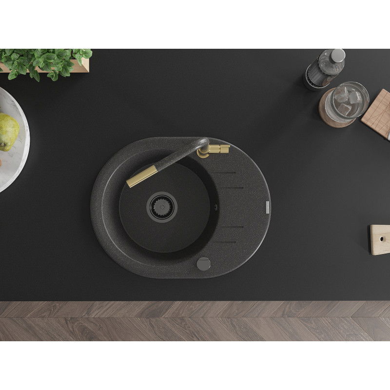 Mexen Kevin gránit mosogató 1-medencés csepegtetővel és Flora konyhai csapteleppel, fekete pöttyös - 6517-76-670401-75-B