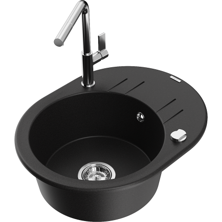 Mexen Kevin chiuvetă din granit cu o cuvă, picurător și baterie de bucătărie Flora, neagră - 6517-77-670401-00