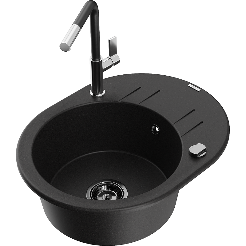 Mexen Kevin chiuvetă de granit cu 1 compartiment cu scurgător și baterie de bucătărie Flora, negru - 6517-77-670401-07-B